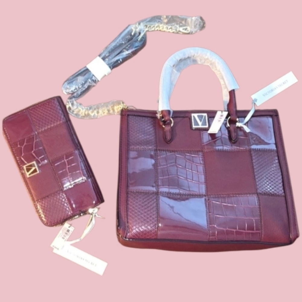 Victoria's Secret Burgundy Patchwork Satchel and Wallet